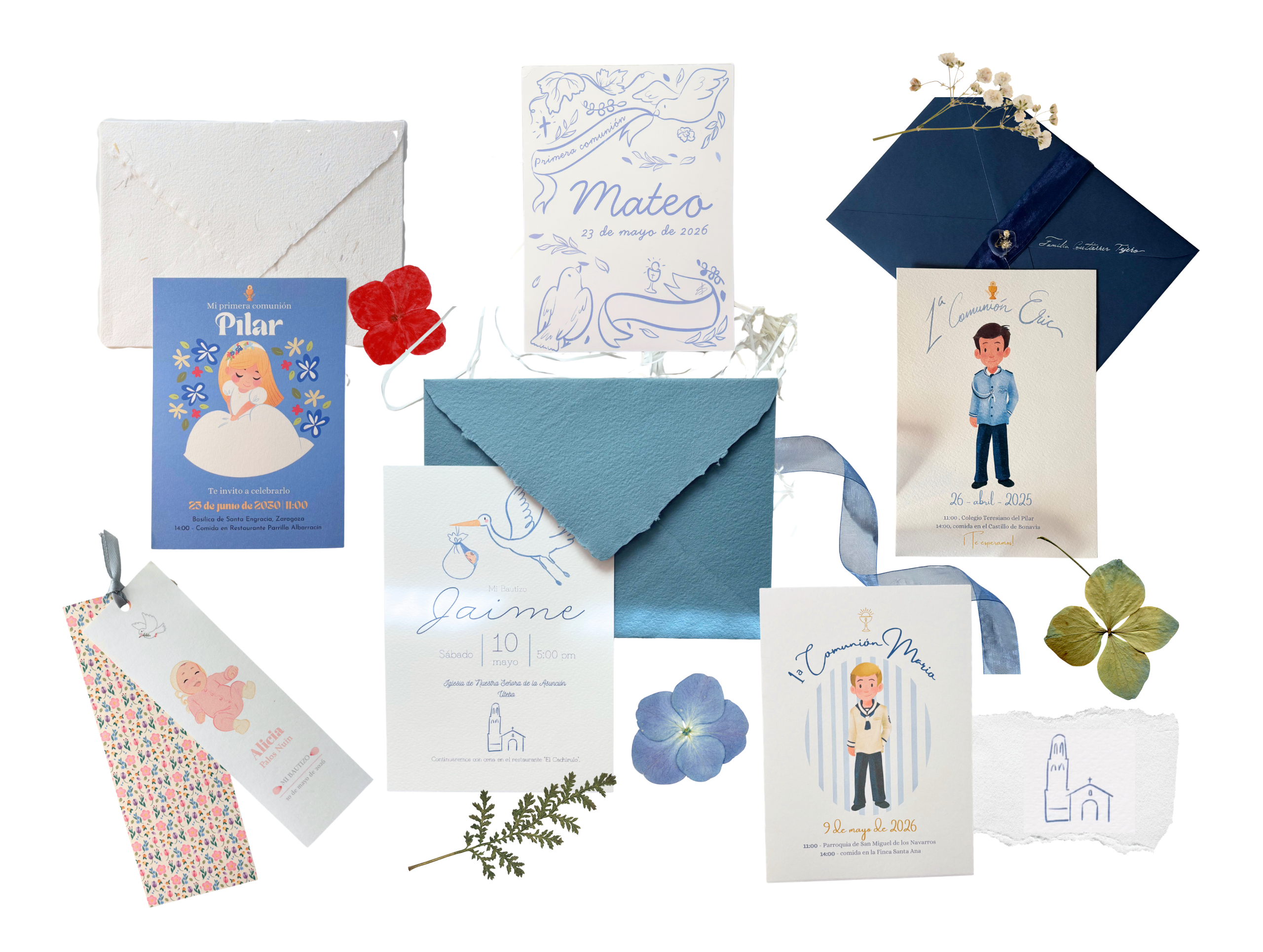 Collage de invitaciones ilustradas para comuniones y bautizos de Carmenca