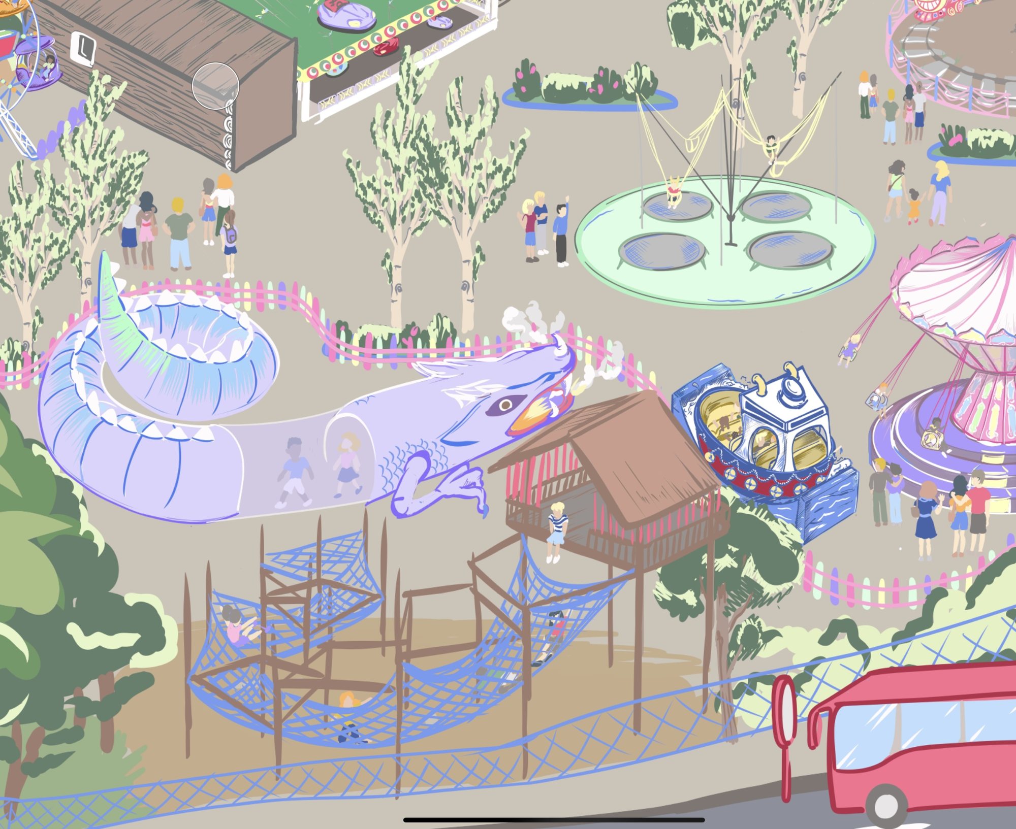 Detalle ilustrado de distintas atracciones y visitantes del parque