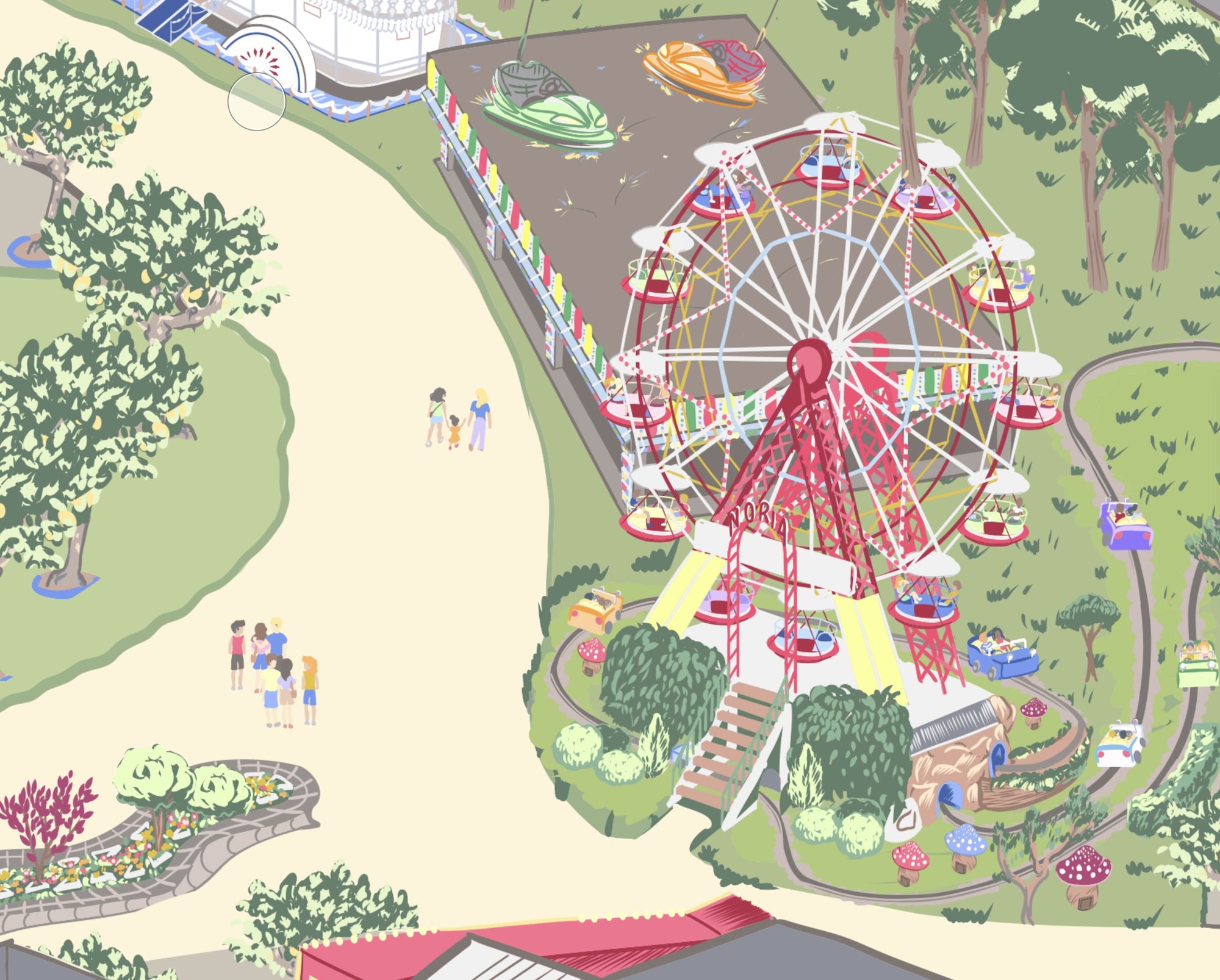 Detalle ilustrado de la noria en el mapa del Parque de Atracciones