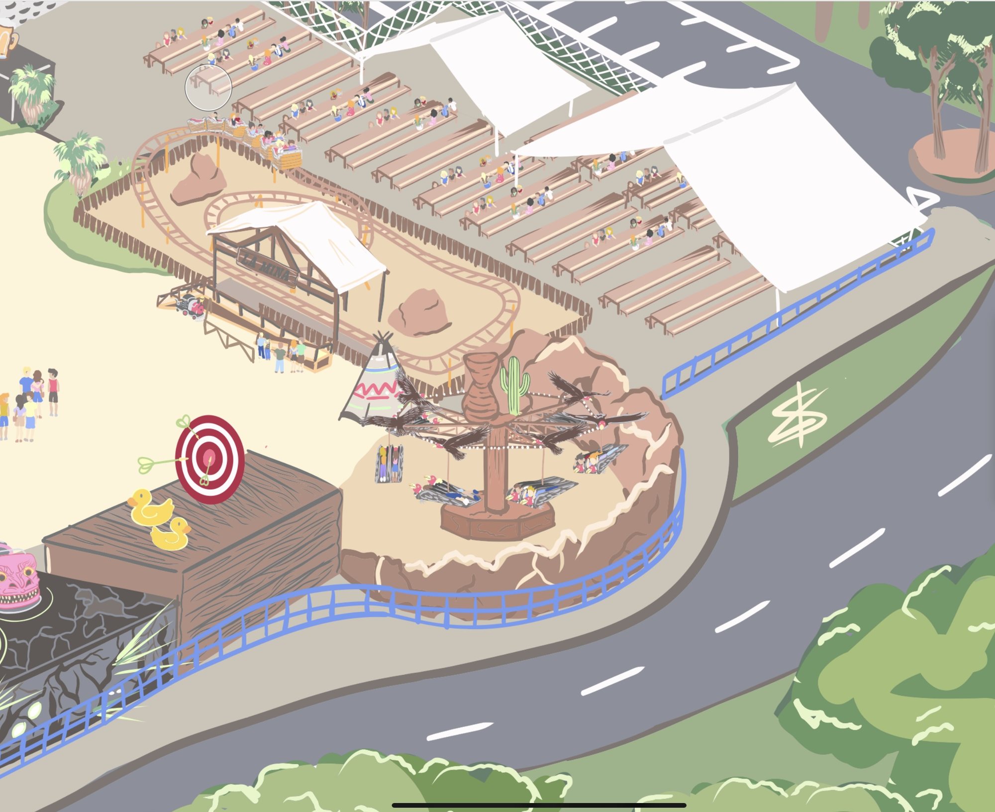 Detalle ilustrado del mapa del Parque de Atracciones con la zona del oeste